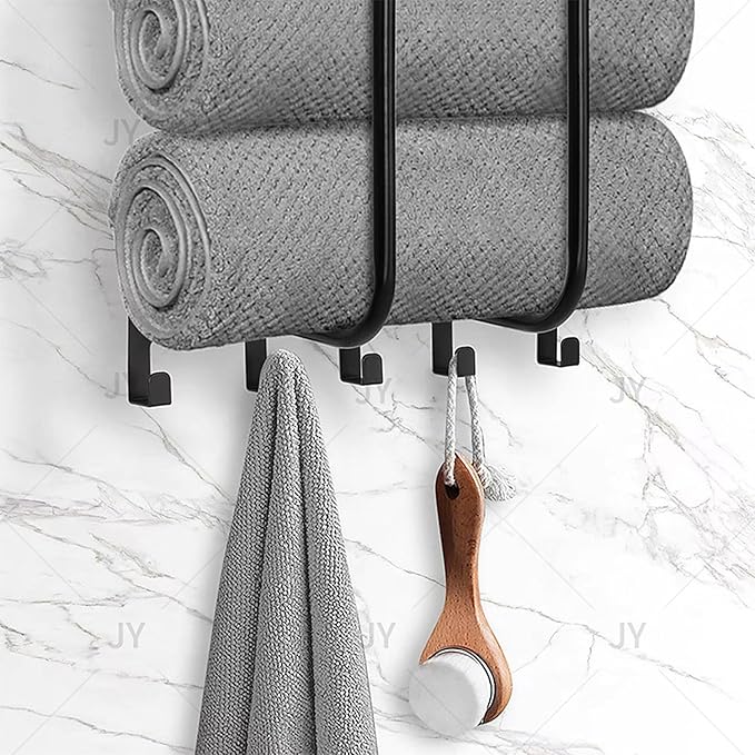 Bathroom Towel Storage Rack, Wall Mounted Towel Rack with Shelf and 5 Hooks, Can Holds 3 Large Towels Stainless Steel Bathroom Towel Holder for Rolled Towels, Bath Towels.(Black)