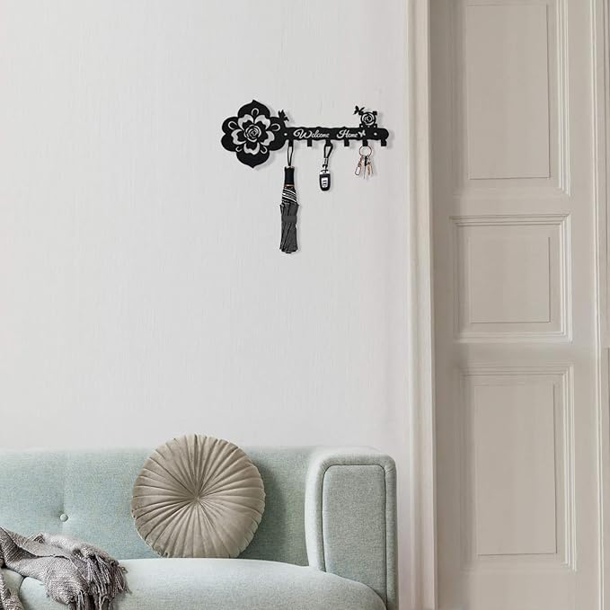 Deveosa Key Hooks Holder for Wall Decorative - Small Black Entryway Welcome Home Sign Key Hanging Hangers Wall Mounted Racks