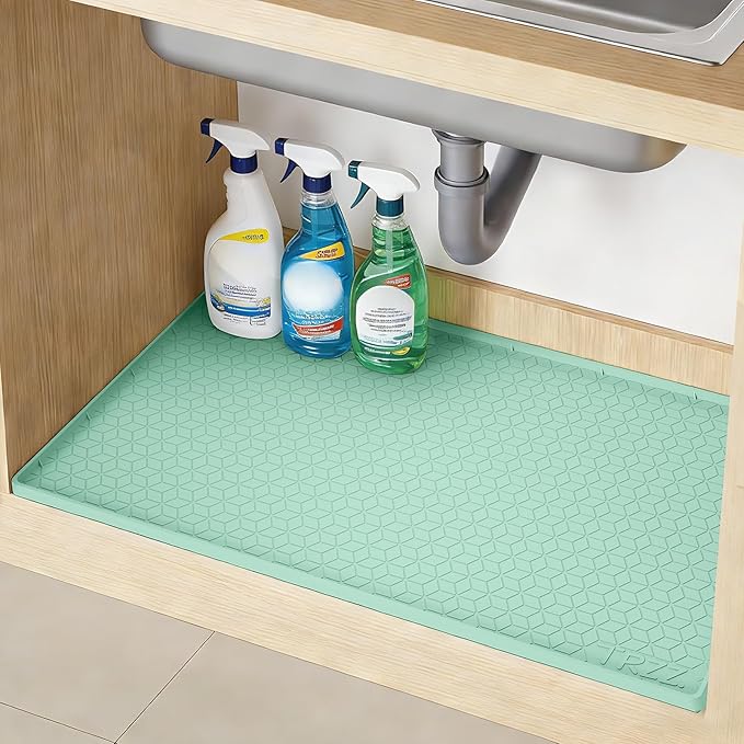 TRZZ Silicone Waterproof Under Sink Mat 34" x 22", Drip Tray and Cabinet Liner for Kitchen and Bathroom, Prevents Water Damage and Organizes Cabinets (Mint Green)