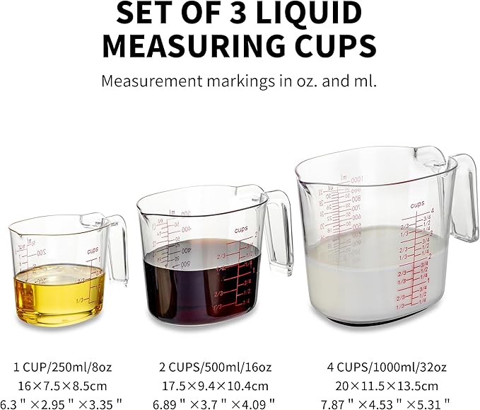 3-Piece Nesting Liquid Measuring Cups Set, Clear Plastic Measuring Jugs with Spout and Multiple Measurement Scales, 1 Cup, 2 Cup, 4 Cup for Baking and Cooking