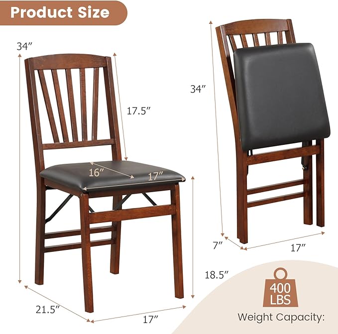Giantex Folding Dining Chairs Set of 4, Foldable Wood Kitchen Chairs with Padded Seat, Solid Wood Frame, Max Load 400 Lbs, No Assembly Easy to Store Wooden Dining Chairs for Apartment, Small Space