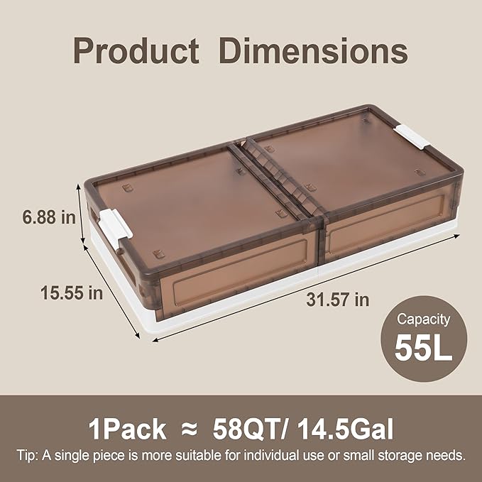 Plastic Under Bed Storage 58QT/14.5Gal Flat Underbed Storage Containers with Lid and 8 Rolling Wheels Folding Stackable Under Bed Organizer Boxes for Clothing Blanket Shoes Books,1 Pcs