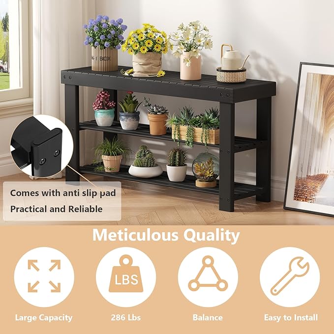 NEWBULIG Shoe Rack Bench, 3-Tier Bamboo Shoe Organizer, Wooden Entryway Storage Bench, 286 lb Load Capacity, 11.2x35.5x17.9 Inches, for Entryway Bathroom Bedroom Balcony, Black