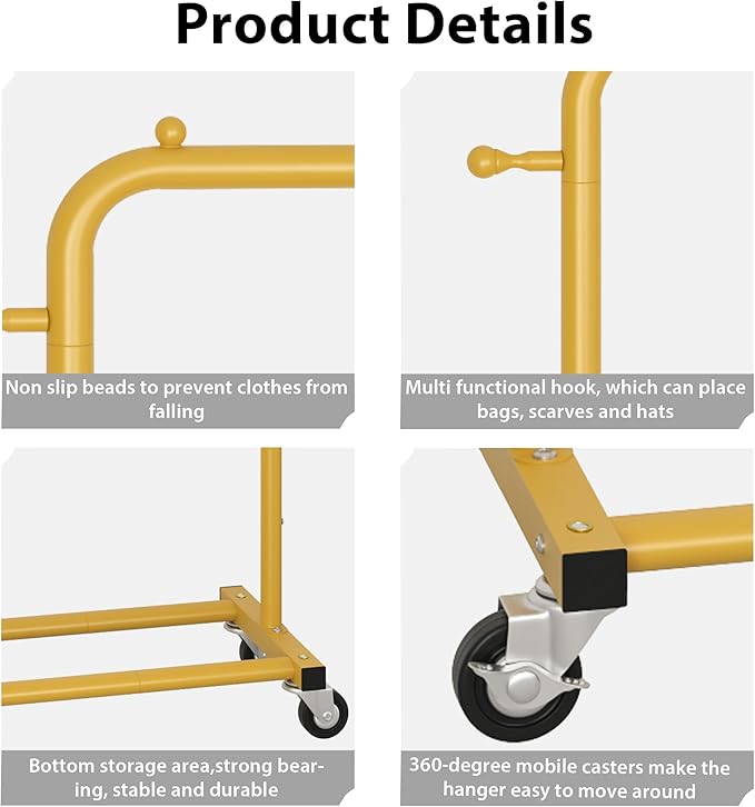 Sywhitta Clothing Rack on Wheels with Storage Shelf & Sturdy Metal Frame, Retail Clothing Rack for Hanging Clothes, Coats,Space-Saving Mobile Organizer for Closet, Bedroom, Laundry Room, Gold Yellow