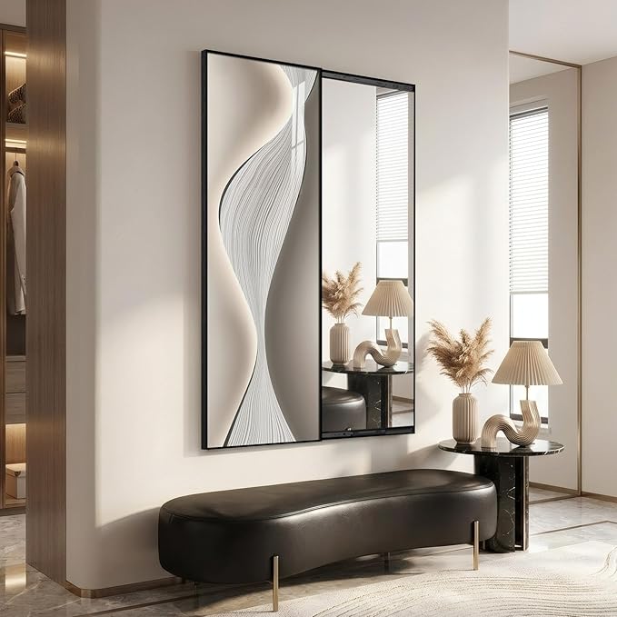Framed Sliding Full Length Wall Mounted Mirror, Large Vertical Modern Abstract Full Body Mirrors for Wall Decor Living Room, Minimalist Elegant Silver White Mirror Wall Art for Bedroom, Hallway