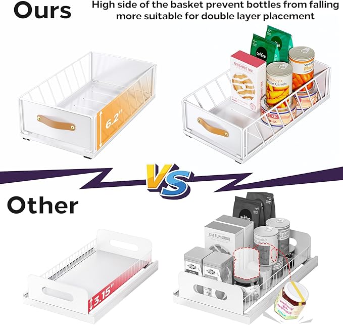 Pull out Cabinet Organizer,Heavy Duty Slide out Pantry Shelves Drawer Storage with Adhesive Nano Film,Sliding Mesh Cabinet Basket with Handle for Kitchen, Bathroom, Home, 9.8"W X 15.7"D X 6.2"H,White
