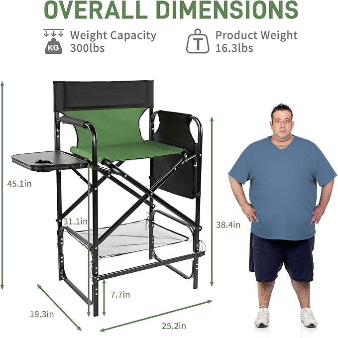 Outvita 2 Piece 31" Tall Directors Chair Height Seat Folding with Side Table Storage Bag, Support for 300Lbs Portable Makeup Artist Chair with Bar Height(Dark Green/Black)