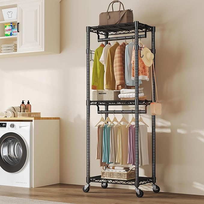 NEWBULIG Heavy Duty Adjustable Clothes Rack with Wheels, Adjustable Rolling Metal Freestanding Garment Closet Organizer with Double Rods & 2 Side Hooks for Hanging Clothes, 23" x 15" x 75", Black