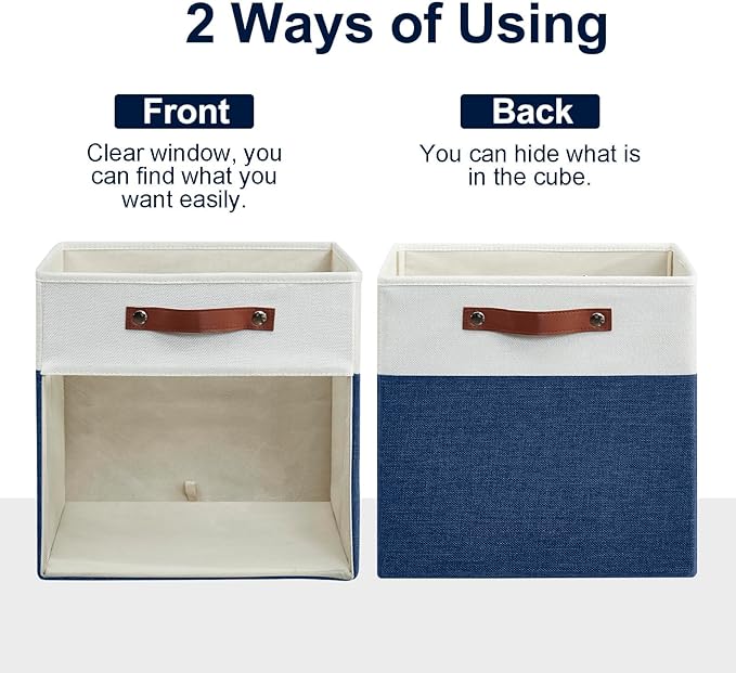 Bagnizer Storage Cubes, 4 Pack Linen Foldable Storage Bins with Clear Window and 2 Handles, 13x15x13 Storage Cube Bins for Shelf Closet, Kallax, Clothes, Books - (Navy Blue / Off-White)