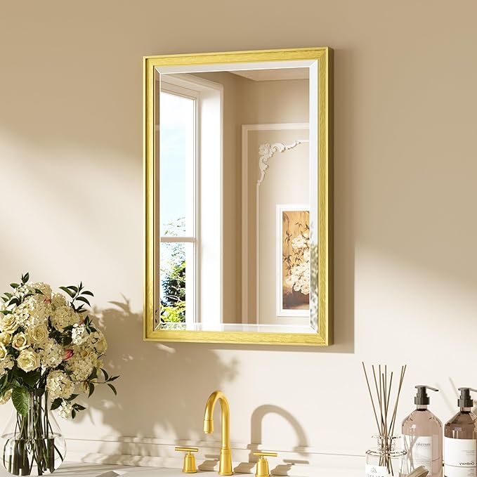 Keonjinn 16" x 24" Gold Bathroom Mirrors, Brushed Gold Framed Mirror, Beveled Tempered Glass, Shatterproof, Lightweight, Modern Farmhouse Rectangle Mirror for Decor, French Cleat Wall-Mounted Mirrors