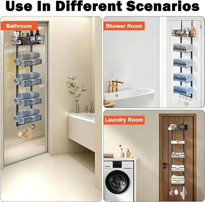 Over The Door Towel Racks, No Drill Towel Storage with Basket & Hooks, Space-Saving Multi-Functional Towel Holder for Bathrooms, bedrooms, Apartments, RVs (Matte Black, 6 Tier)