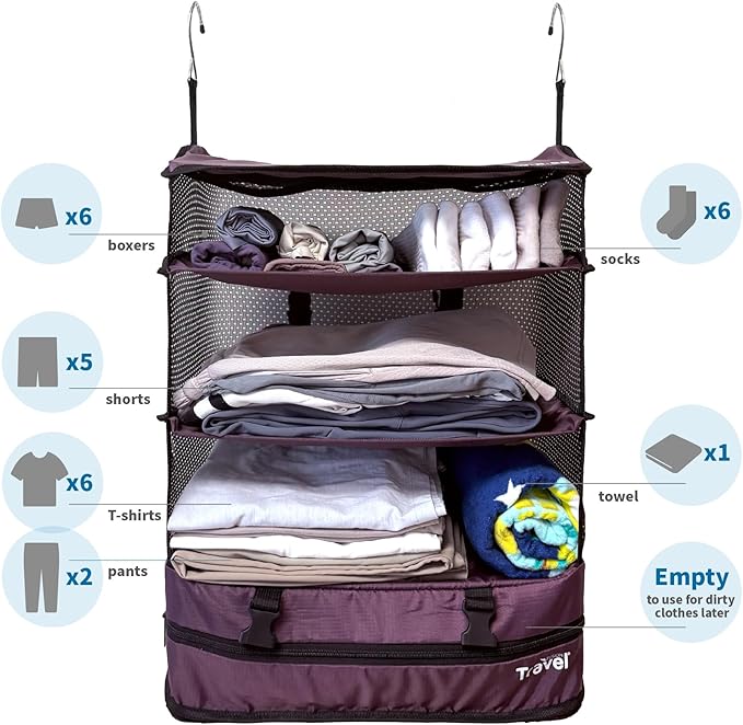 Grand Fusion Stow-N-Go Hanging Travel Shelves, Packing Organizer for Luggage. Carry on Closet for Suitcase. Expandable Packing Cube. Travel Essentials. (Burgundy, XL = (L) 17.7" x (W) 11.8")
