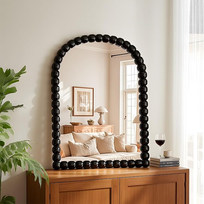 22"×30" Black Arched Bathroom Vanity Mirror, Vintage Beaded Decorative Wall Mounted Makeup Mirror, as Wall Decor Hanging Leaning for Fireplace Mantle, Living Room, Bedroom, Vanity Area