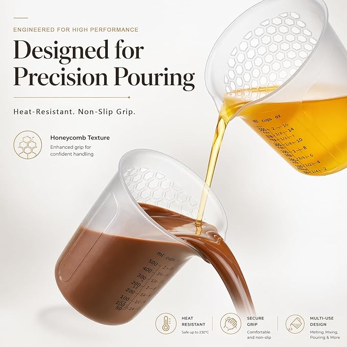 Palksky Silicone Measuring Cups Set (1-Cup & 2-Cup & 4-Cup) with Jar Spatula, Microwave Safe, Honeycomb Heat-Control Grip, Easy-Read Liquid Measuring for Baking, Cooking & Chocolate Melting