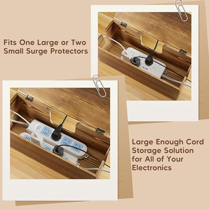 Large Cable Management Box - Burnt Wood Cable Organizer Box and Floor Cord Covers for Electrical Cord Management - Hide Desk Cord and Floor Cables - Wire Storage and Organization for Cords