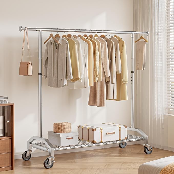Wiracks Clothes Rack Clothing Rack for Hanging Clothes 350lbs Heavy Duty Coat Rack 51 to 71" W x 16.53" D x 65" to 71" H Adjustable Rolling Clothes Rack Garment Rack 3" industrial Wheels