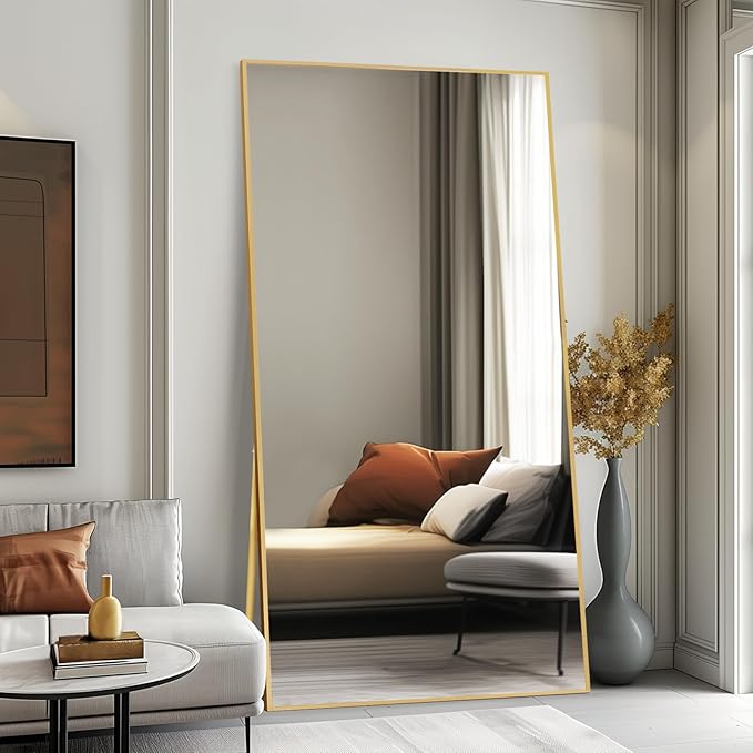 Beauty4U Full Length Mirror 76" x 34", Large Floor Mirror with Stand, Wall Mounted or Leaning, HD Tempered Glass Full Body Mirror for Bedroom, Living Room, Entryway, Gold Frame