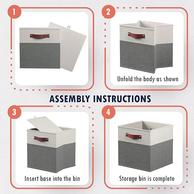 Ornavo Home 13 x 15 x 13 Kallax Storage Cube Bins, Foldable Collapsible Fabric Storage Bins Box Linen Shelf Basket Cube Organizer for Closet with Leather Handles, 6 Pack, White/Gray
