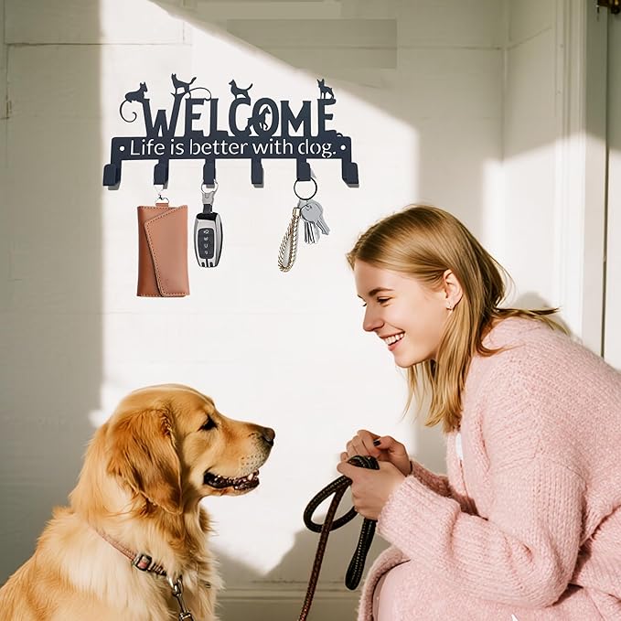 Key Holder Wall Mount with 6 Hooks, Welcome Dogs Key Rack Organizer for Entryway, Kitchen, Office - Rustproof, Waterproof - Easy Installation,Gift for New Homeowners - 9.8inch/25cm