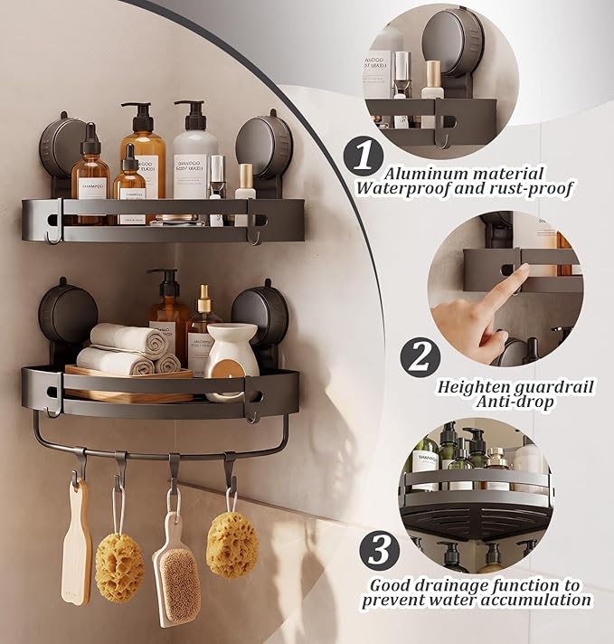 Suction Cup Shower Caddy(2-Pack Gray),Single 1.77 Inches High No-Drilling Aluminum Bathroom Organizer with Towel Bar & Hooks,Moder wall Shower Shelf and Storage Decor