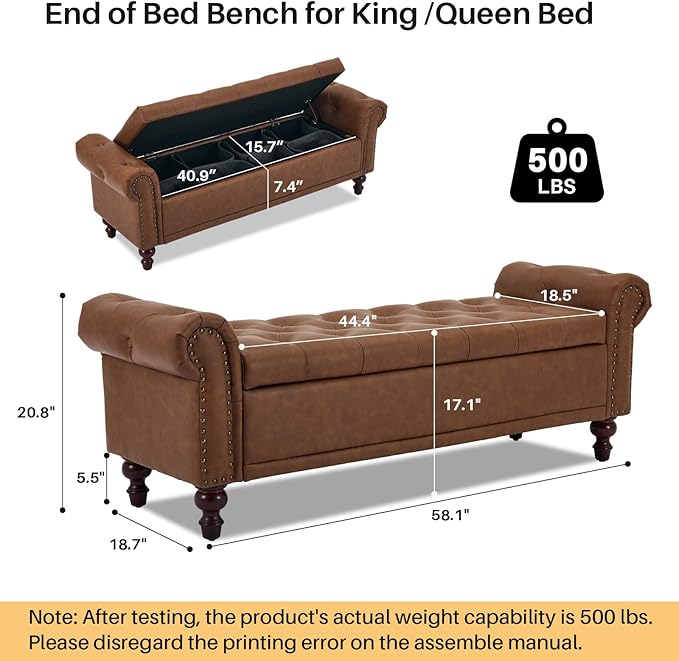 SOFTHION 58.1" Storage Bench Upholstered PU Leather End of Bedroom Bed Bench Ottoman with Tufted Cushioned Rolled Arm Large Storage Space for Reading Living Room Entryway, Brown