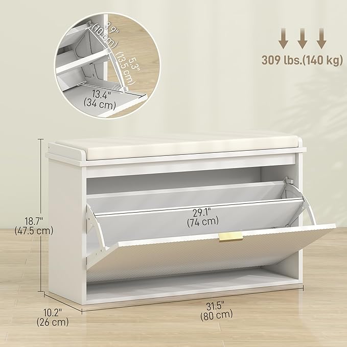 HOMCOM Narrow Shoe Bench with Padded Seat Cushion and Flip-Drawer, Small Entryway Bench Holds up to 265lb, Shoe Cabinet, 31.5x10.2x18.7 Inches, White