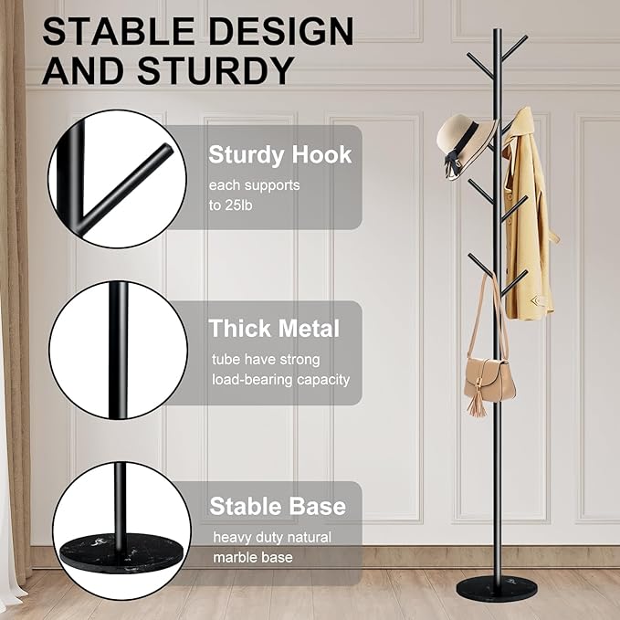 Coat Rack with Natural Marble Base, Metal Freestanding Coat Rack with 8 Hooks, Heavy Duty Coat Hanger Stand for Entryway, Office, Bedroom,Dorm for Coats, Hats, Handbags and Scarves(Black)
