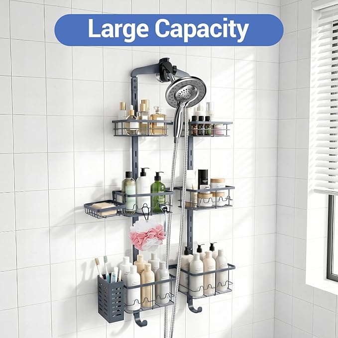 Extra Large Shower Caddy Hanging, Rust-Resistant Shower Organizer Hanging,3 Tier Height-Adjustable Over the Head Caddy,Rack with Soap Basket (Gray)