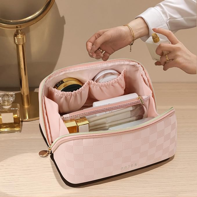 Prite Makeup Bag for Women Travel Waterproof Vegan Leather Cosmetic Bag Open Flat Toiletry Bag With Clear Divider and Handle (Plaid Pink, Medium)