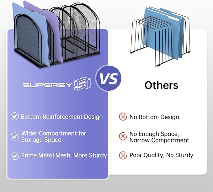 SUPEASY File Organizer for Desk, 5-Section Mesh Desk Organizer, Vertical File Holder Desktop Organizer File Sorter, File Folder Holder for Office Supplies, Black (Pack of 2)
