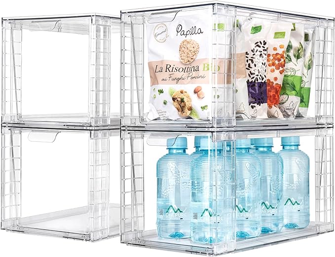 1Pack Large Stackable Kitchen Storage Drawers, Clear Foods Organizer Bins with Handles, Easily Assemble for Bathroom, Kitchen, Pantry, Cabinet, Closet(XL-UP Handle)
