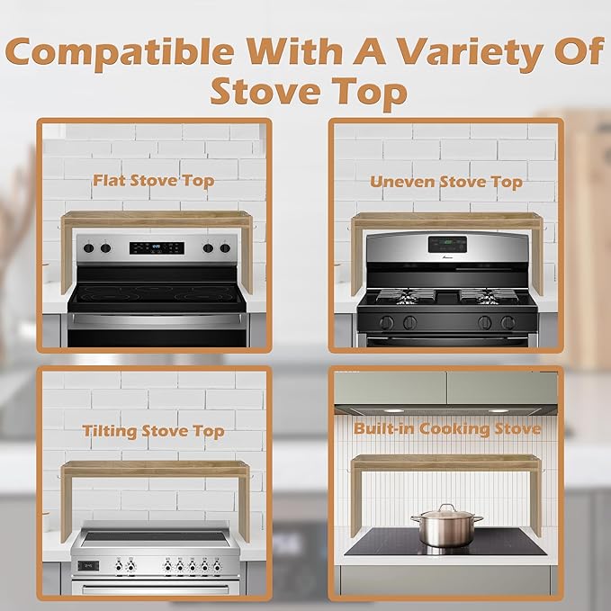 Over the Stove Shelf, Wood Stove Top Shelf, 31.5" Stove Top Organizer Shelves with 6 Hooks,11.5" Height Over Stove Spice Rack for Kitchen, White Oak