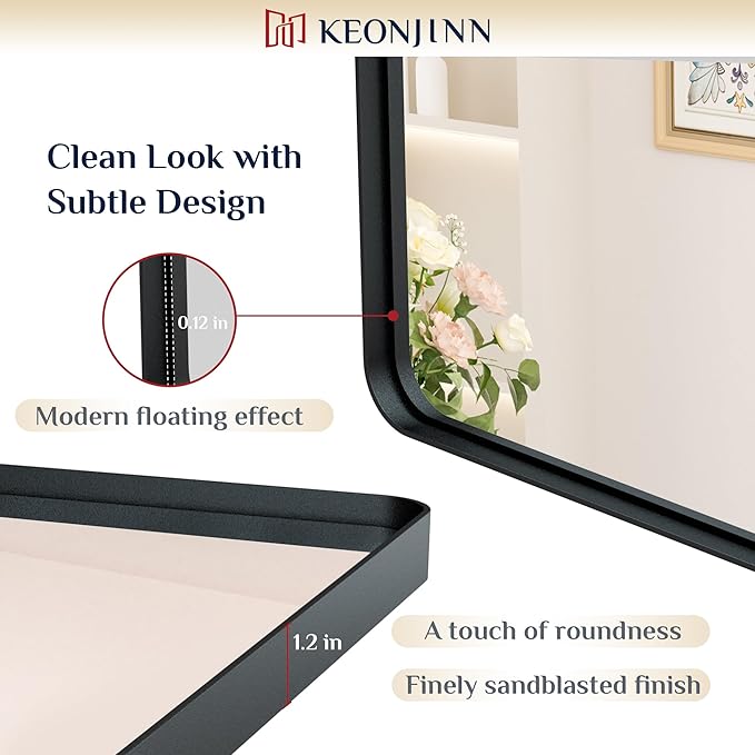 Keonjinn Black Bathroom Mirror for Over Sink, 28 x 36 Inch Rounded Rectangle Bathroom Vanity Mirror, Matte Black Sandblasted Finish, HD Tempered Glass, Wall Mirrors with Seamless Aluminum Alloy Frame