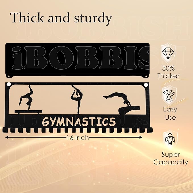 iBobbish Metal Medal Hanger Display,Non-Slip Trophy Shelf with 20 Hooks,Wall Mount,Heavy Duty,Non-Bent,Holds 22-33lbs,for Gymnastics,Race,Soccer,Swim