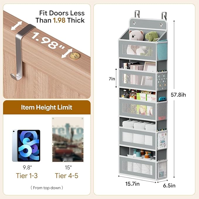 Simple Trending Over The Door Hanging Organizer, 5-Tier Shelves with 5 Large & 5 Side Pockets, Anti-Tilt Heavy Duty 44 lb Capacity Behind Door Storage for Bedroom, Bathroom, Pantry, Nursery, Grey