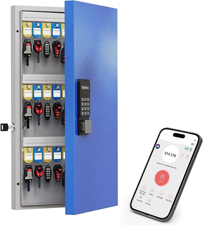 WeHere 48-Key Smart Key Lock Box Wall-Mount, Key Cabinet with Key Management App(Track Key Borrow/Return), Keypad, Bluetooth & WiFi Unlock (Sold Separately) for Commercial, School, Rental, Office