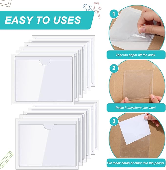 Outus 200 Pack 3.5 x 4.4 Inch Self Adhesive Label Pockets Bulk Plastic Labels Holders for Storage Bins Clear Classroom Nameplate Sleeves Index Card Tote Photos Waterproof Protect Office