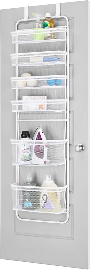 Whitmor Over The Door Organizer Storage, 6 Tier Hanging Door Organizer with Metal Frame & Mesh Baskets, Heavy Duty Behind Door Storage for Pantry, Bathroom, Closet, 17.7"W x 7.9"D x 67"H, White
