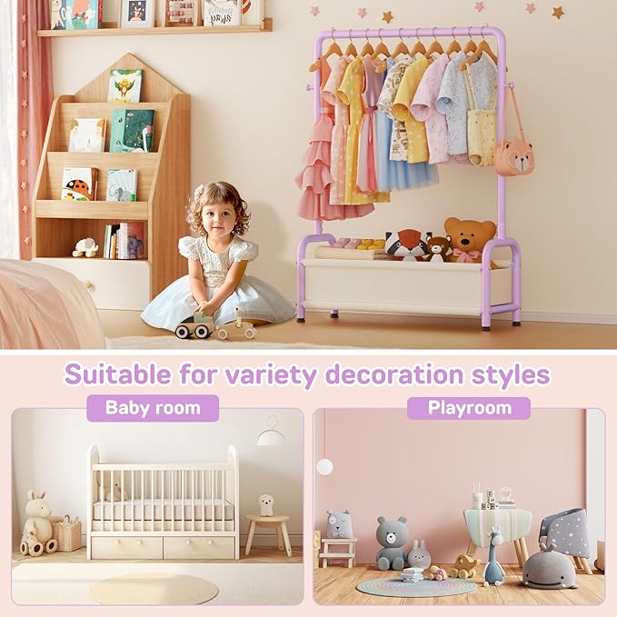 Kids Clothing Rack with Storage Shelf, Kids Dress Up Storage for Coats, Small Baby Garment Rack for Hanging Clothes, Toddler Wardrobe Closet Organizer (Purple, Classic)