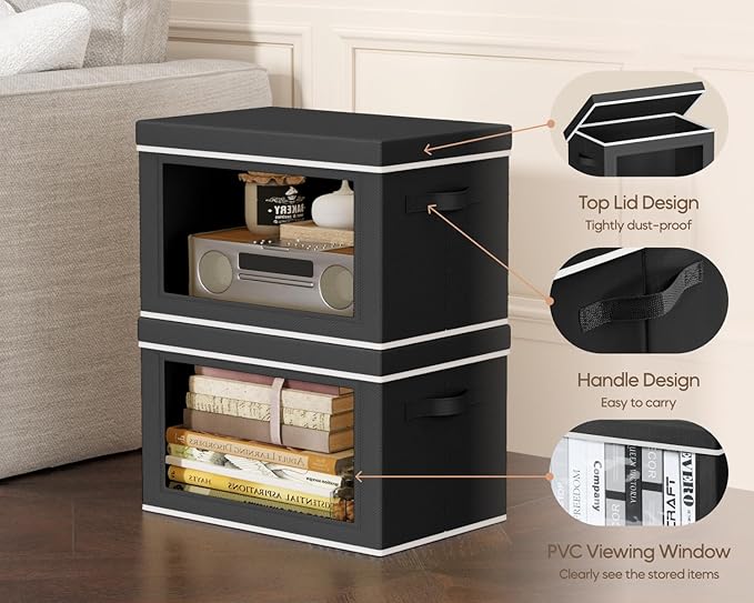 Homsorout Collapsible Storage Bins with Lids - Stackable Storage Containers with Window, 6 Pack Fabric Organizing Bins for Closet, Home & Office Organization Baskets, Black, 14.9" x 9.8" x 9.8"
