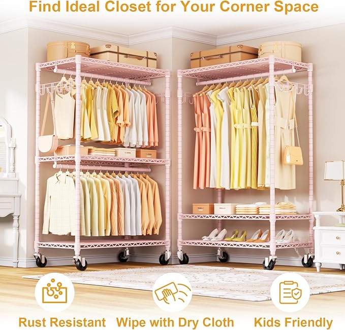 ULIFHOME P1 Rolling Closets with Wheels and Shelves, Portable Closet Wardrobe for Clothes Hanging, Pink Clothing Storage and Organizer System for Bedroom, 35.5" W x 15.7" D x 80.5" H, Hold 500lbs