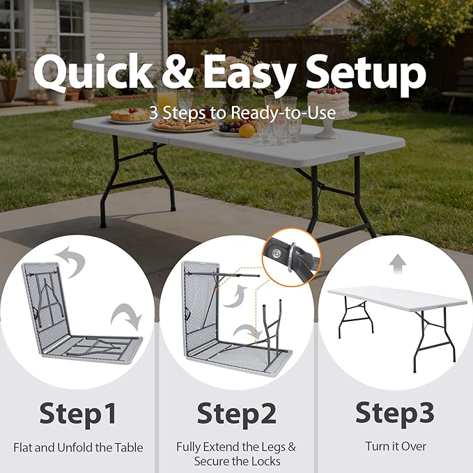 ZENY 8ft Portable Folding Table Plastic Indoor Outdoor Picnic Party Camp Dining Table with Handle, White