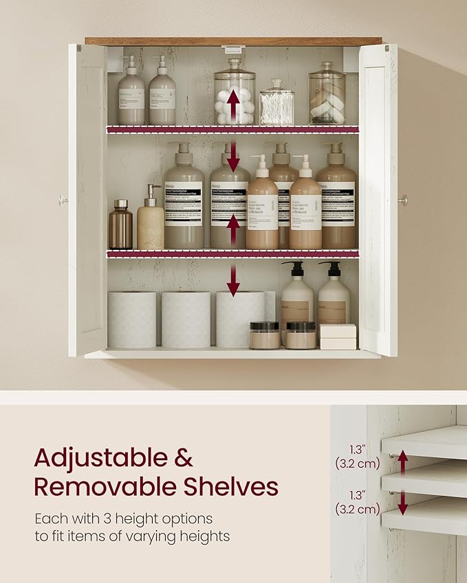 VASAGLE Siren Collection - Bathroom Wall Cabinet, Hanging Bathroom Storage Cabinet, for Medicines, Farmhouse, 2 Adjustable Shelves, 7.9 x 22 x 23.6 Inches, Rustic White and Honey Brown UBBK330WJ01S