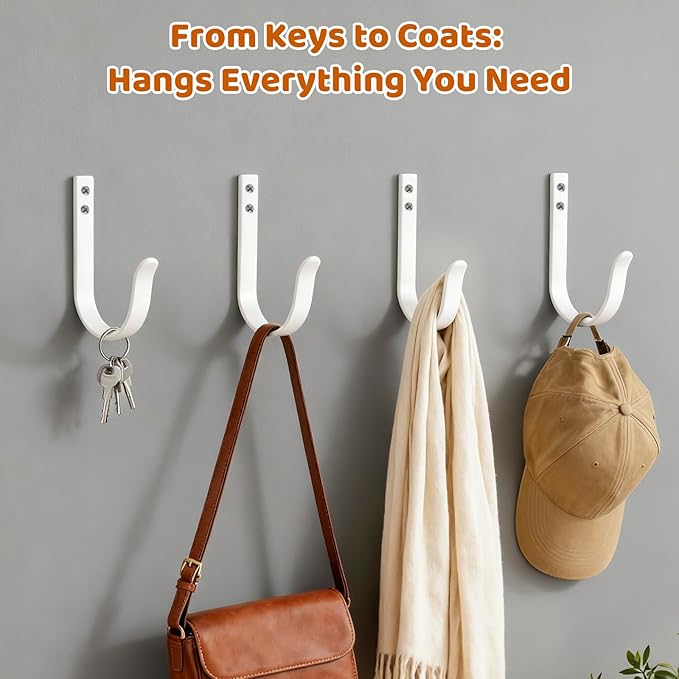 Wall Hooks for Hanging, Large Coat Hooks Wall Mount, Heavy Duty Screw in Metal Hooks for Wall (22LB), Towel Hooks for Bathrooms, Door, Mudroom, Backpack, Clothes, Closet, Purses, White, 4 Pack