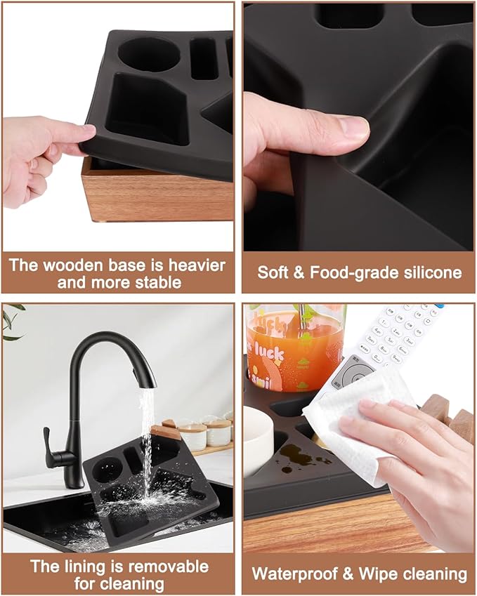 Couch Cup Holder Tray, Silicone Acacia Wooden Couch Caddy with Cup Holder for Snacks, Drinks, Remotes, Waterproof Cup Holder for Couch, Organizer, Movie Night Snack Trays