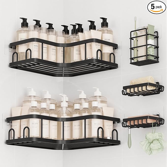 Veken Corner Shower Caddy 5-Pack, Advanced Rustproof Design, No Drilling Adhesive Shelves, Rack with Soap Holder, Large Capacity Bathroom Organizers and Storage, Wall-Mounted Kitchen&Home Decor,Black
