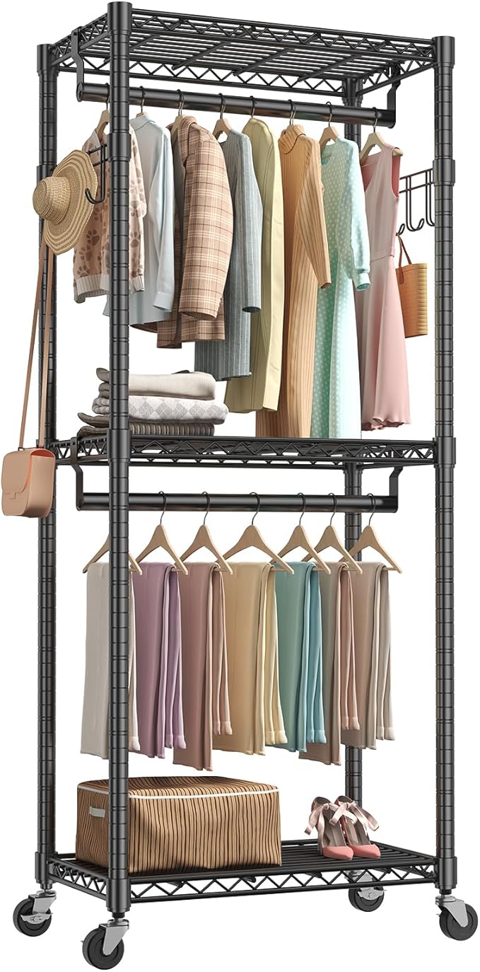 NEWBULIG Heavy Duty Adjustable Clothes Rack with Wheels, Adjustable Rolling Metal Freestanding Garment Closet Organizer with Double Rods & 2 Side Hooks for Hanging Clothes, 29" x 15" x 75", Black