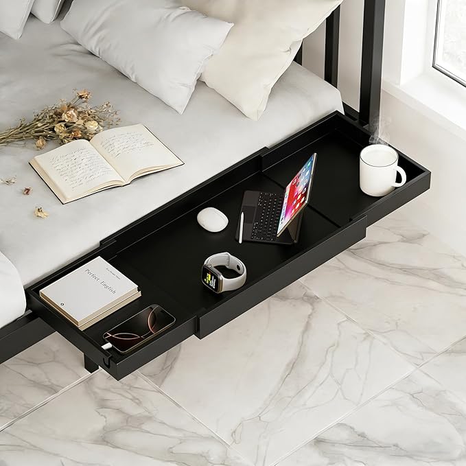 MinBoo Expandable Nightstand Shelf Bamboo College Caddy for Top Bunk Clip Bedside Shelf Floating Bed Side Table Tray Storage Dorm Room Decor College,Black