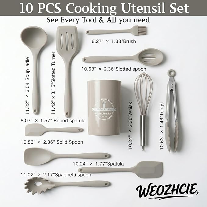Silicone Kitchen Utensils Set,10 PCS Cooking Kitchen Utensils Set, Nonstick Kitchen Utensils 446°F Heat-Resistant Cookware Kitchen Tools of Spoon,Brush,Whisk,Spatula,Turner Tongs(Khaki)