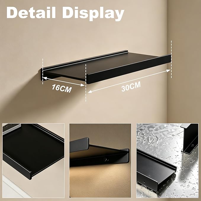 Widen Floating Shelves for Wall, Wall Mounted Shelves with Lip for Storage, Metal Display Shelves, Kitchen/Living Room/Bedroom/Bathroom Shelf, Black 12 inch 2 Pack